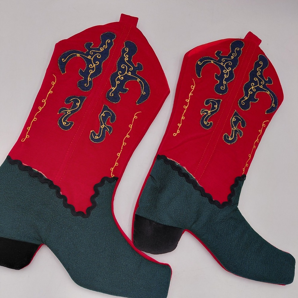 D&F Designs Cowboy Boot Christmas Stockings Red Green Western Decor Set of 2